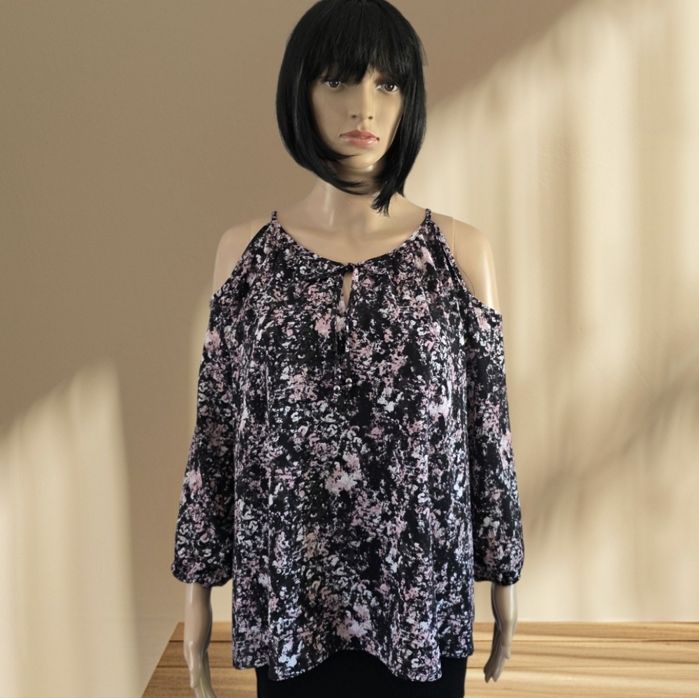 DH3 Pink and Black Blouse with Cold Shoulder Design & Tie Collar,Plus Size 2X